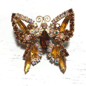 Vintage JULIANA D&E Butterfly Brooch Pin AB Amber Honey Topaz Rhinestone Gold